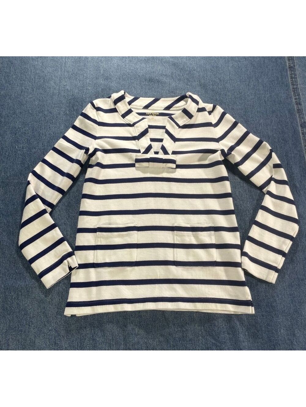 Kate Spade XS Nautical Navy Blue/white stripe bow patch pockets long sleeve